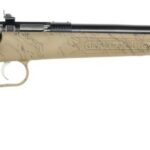 Side view of a bolt-action rifle with tan marble-pattern stock and long black barrel