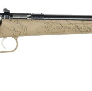 Side view of a bolt-action rifle with tan marble-pattern stock and long black barrel