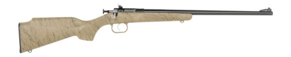 Side view of a bolt-action rifle with tan marble-pattern stock and long black barrel
