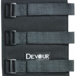 Close-up of a black suppressor cover with two denim-style adjustable straps and metal buckles, branded 'Devoir' on the front.