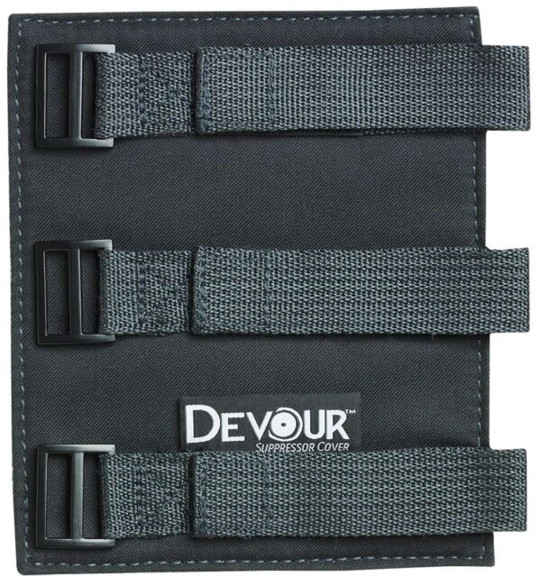 Close-up of a black suppressor cover with two denim-style adjustable straps and metal buckles, branded 'Devoir' on the front.