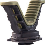 Rotating adjustable footrest or mount with an olive ribbed pad and black base on a circular base.