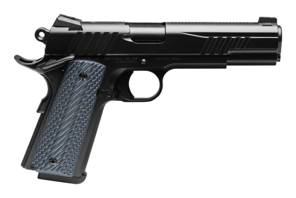 Side view of a black semi-automatic pistol with a textured grip and exposed barrel.