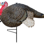 Turkey decoy mounted on a stake, featuring a red head and brown feathered body