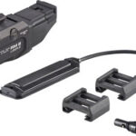 Black tactical weapon light with rail mount, remote pressure switch, and two battery adapters included