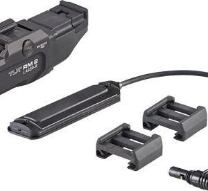 Black tactical weapon light with rail mount, remote pressure switch, and two battery adapters included