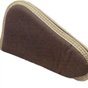 Brown zippered pouch with beige trim, lying on its side.