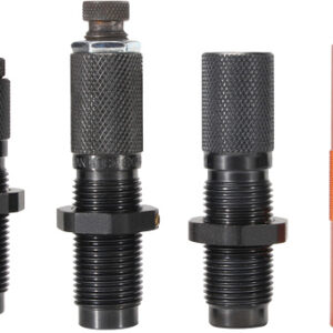 Row of four knurled black metal adapters with threaded shafts next to an orange anodized connector on the right.