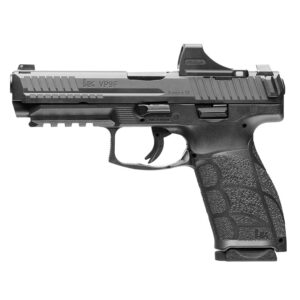 Semi-automatic pistol shown in profile with textured grip and rails on the frame.
