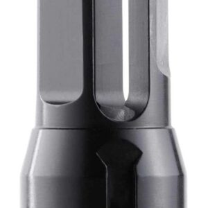 Industrial metal two-prong bit/holder with a hexagonal base, shown in grayscale.