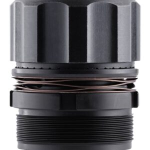 Close-up of a metal cylindrical component with a copper coil winding around the middle and a threaded bottom portion.