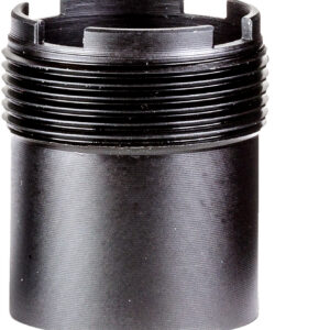 Close-up of a black plastic bottle neck with coarse screw threads and inner locking lugs.