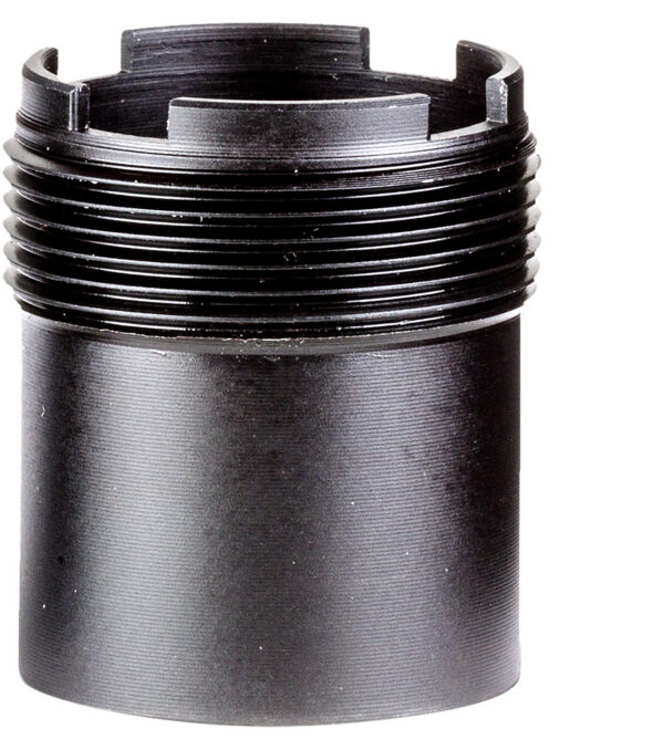 Close-up of a black plastic bottle neck with coarse screw threads and inner locking lugs.
