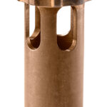Bronze-machined cylindrical part with a gear-like top and two cutouts along the sides.