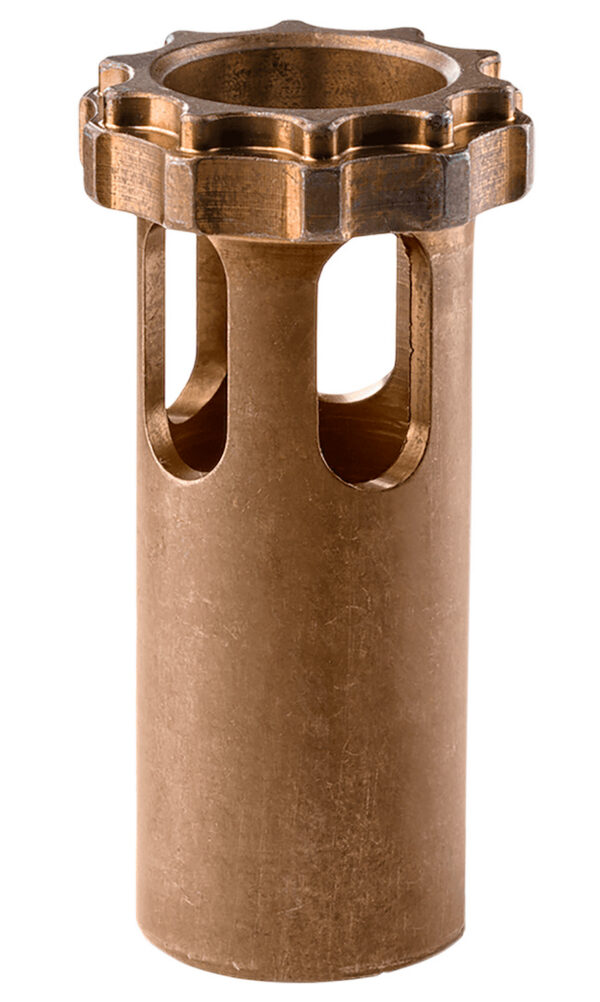 Bronze-machined cylindrical part with a gear-like top and two cutouts along the sides.