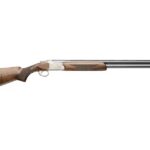 Side view of a double-barreled shotgun with a wooden stock and metal barrels, laid horizontally on a white background