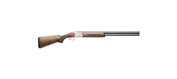 Side view of a double-barreled shotgun with a wooden stock and metal barrels, laid horizontally on a white background