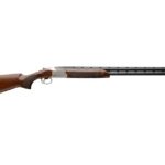 Side-by-side double-barrel shotgun with polished wooden stock on a white background.