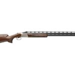 Lever-action rifle with a polished wooden stock and long ventilated barrel.