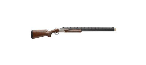 Lever-action rifle with a polished wooden stock and long ventilated barrel.