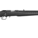 Bolt-action rifle with a black synthetic stock, long barrel, and iron sights shown in profile.