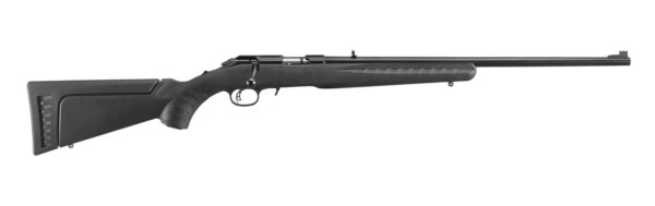 Bolt-action rifle with a black synthetic stock, long barrel, and iron sights shown in profile.