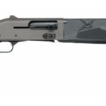 Side view of a two-tone pump-action tactical shotgun with a pistol grip and textured fore-end