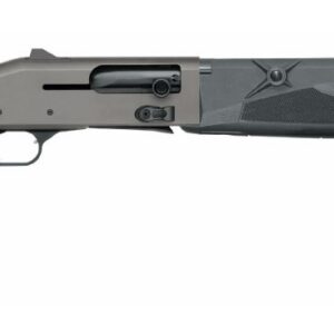 Side view of a two-tone pump-action tactical shotgun with a pistol grip and textured fore-end