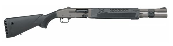 Side view of a two-tone pump-action tactical shotgun with a pistol grip and textured fore-end