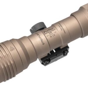 Gold tactical flashlight with a mounting rail attached underneath, shown at an angle
