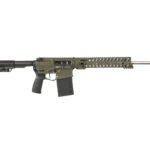 Olive green AR-style rifle with a long Picatinny rail, collapsible stock, and a magazine.