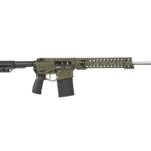 Olive green AR-style rifle with a long Picatinny rail, collapsible stock, and a magazine.