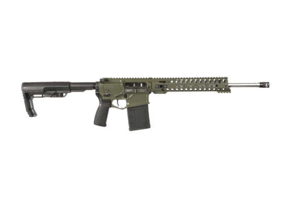 Olive green AR-style rifle with a long Picatinny rail, collapsible stock, and a magazine.