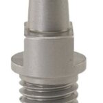 Metal threaded connector/adapter with a cylindrical top and flanged middle section, silver in color.