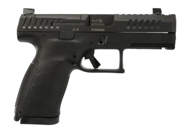 Side view of a black semi-automatic pistol with a textured grip and rails on top.