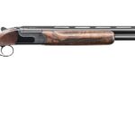 Double-barrel shotgun with a wooden stock and fore-end, shown alongside a gray carrying case on white background.