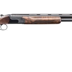 Double-barrel shotgun with a wooden stock and fore-end, shown alongside a gray carrying case on white background.