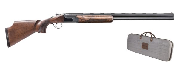 Double-barrel shotgun with a wooden stock and fore-end, shown alongside a gray carrying case on white background.