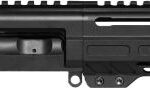A black modular rifle handguard with top Picatinny rail, gas piston system, and muzzle on the right.
