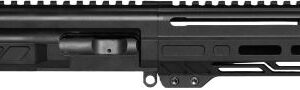 A black modular rifle handguard with top Picatinny rail, gas piston system, and muzzle on the right.