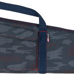 Camouflage rifle case with blue trim, two carry handles, and zippered compartments; Allen brand.