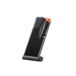 Black handgun magazine with an orange follower, angled upward with a textured base plate visible.