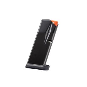 Black handgun magazine with an orange follower, angled upward with a textured base plate visible.