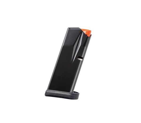 Black handgun magazine with an orange follower, angled upward with a textured base plate visible.