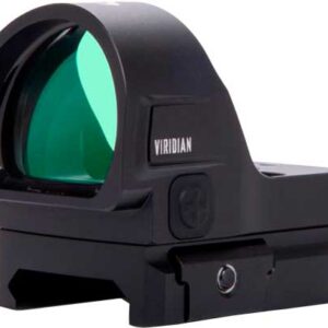 Compact Viridian red dot reflex sight with green aiming lens facing left on a black mount pedestal