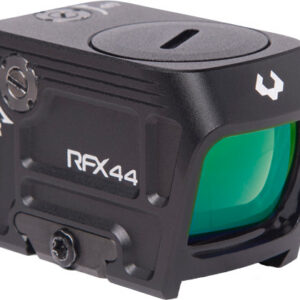 Black RFX4 red dot sight with green-tinted lens and rail mount