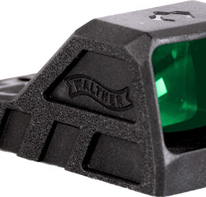 Walther reflex red-dot sight with a green-tinted lens, shown from the side as a firearm aiming accessory.