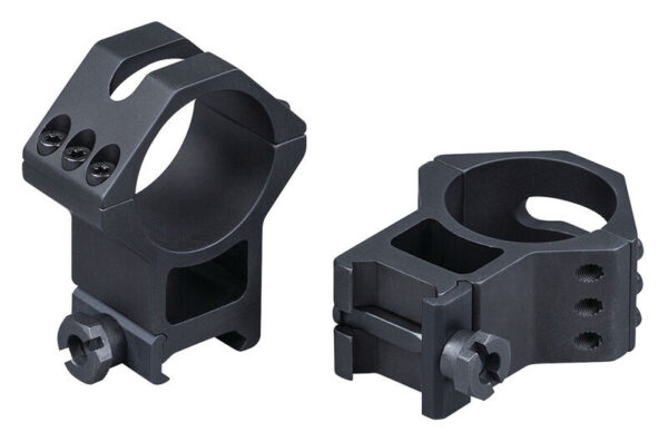 Pair of matte-black rifle scope rings for mounting a scope, shown from different angles with mounting screws visible.
