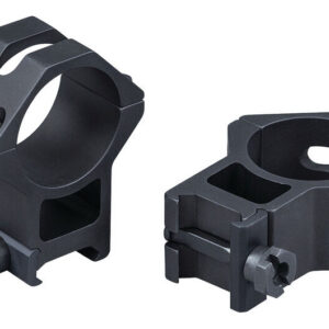 Pair of black rifle scope rings with mounting screws and hardware for attaching a scope to a firearm's rail system with a clamp-on design.