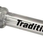 Clear glass tube with a black end cap and a Traditions logo, likely a dropper or small dispensing device.